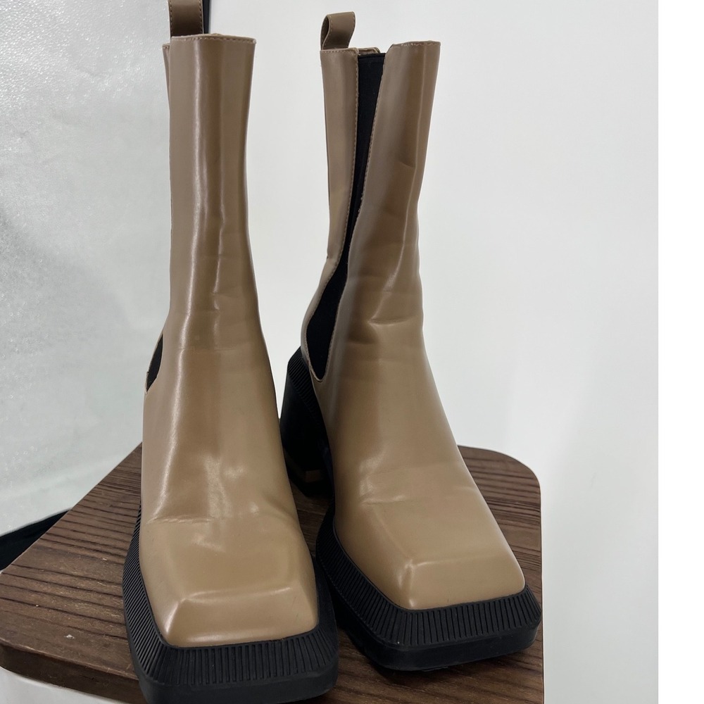Charles & Keith Tan Beige Square Toe Platform Chelsea Boots Block Heel 39 - Picture 3 of 12